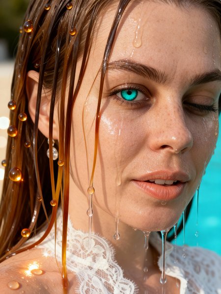 Water portrait with turquoise eyes and amber beads