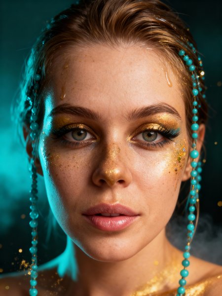 Turquoise beaded braids with teal-gold makeup