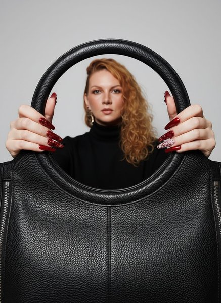 Curly red hair with leather bag