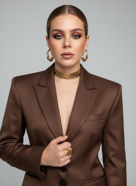 Brown blazer with choker necklace