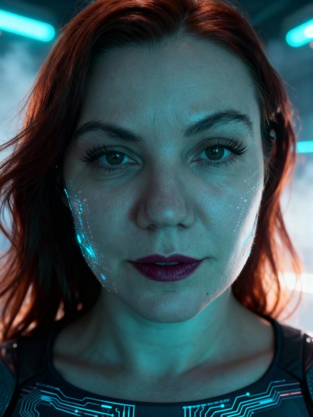 Cyan neon portrait with dark purple lips